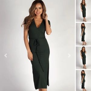Babe Society “Next To You" Pine Green Ribbed Wrap Midi Dress